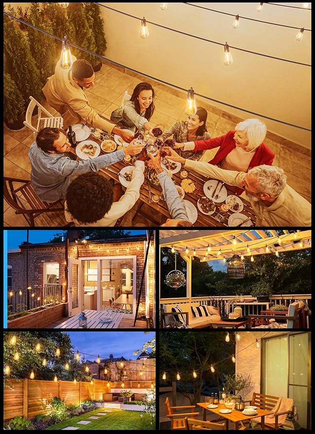 Brightown Outdoor Solar String Lights Waterproof 58FT with 25 Shatterproof ST38 LED Bulbs, 2700K Solar Lights Outdoor with Remote, Solar String Lights for Outside, Camping, Yard, Party Decor-Ruum Studio Home