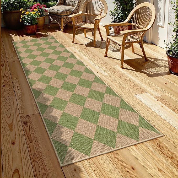 Lahome Checkered Green Runner Rug, 2x8 Carpet Runners for Hallway 8ft Non Slip Entryway Rug, Farmhouse Checkerboard Non Shedding Kitchen Mats for Floor Laundry Corridor-Ruum Studio Home