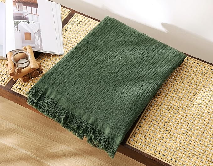 100% Cotton Muslin Throw Blanket for Bed, Couch, Small, Decorative, Soft, Pre-Washed, Breathable and Lightweight Gauze Blanket with Tassels, Suitable for All Seasons, Olive Green, 50"x60"-Ruum Studio Home