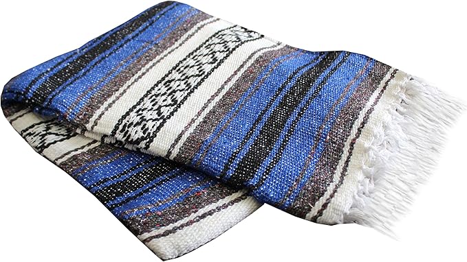 Del Mex Classic Mexican Blanket, Large Authentic Woven Falsa Throw (70"x50"), Artisan Southwest Décor for Beach, Yoga, Outdoors (Blue)-Ruum Studio Home