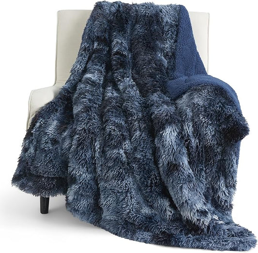 Bedsure GentleSoft Fuzzy Sherpa Faux Fur Twin Blanket Tie Dye Navy Cozy Gifts for Women Men, Soft Fleece Plush Warm Minky Thick Blanket Twin Size for Bed, Blue Room Decor Dorm Essentials Gifts, 60x80-Ruum Studio Home