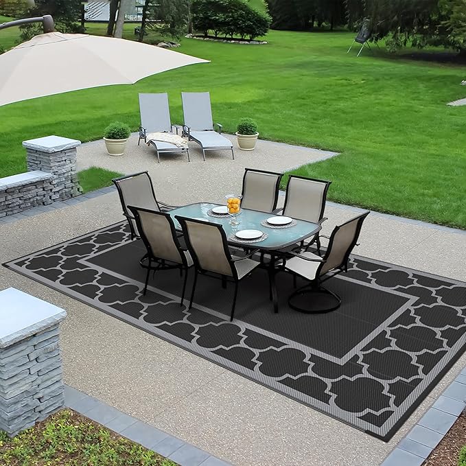 GENIMO 9' x 18' Outdoor Rug Waterproof for Patio, Foldable Reversible Plastic Straw Area Rugs Mat for Rv Decor, Outside Carpet for Camper, Deck, Picnic, Beach, Balcony, Porch, Black & Grey-Ruum Studio Home