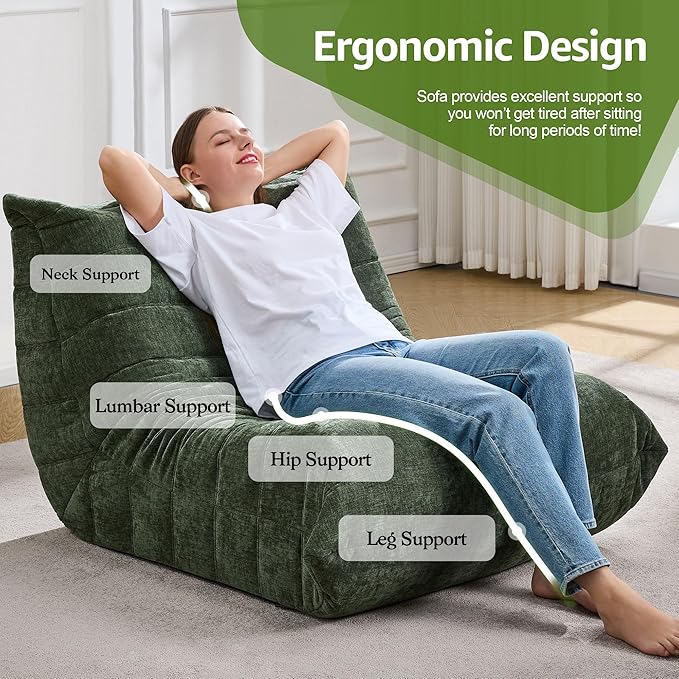 Bean Bag Chairs for Adults Giant Bean Bag Chair Memory Foam BeanBag Chair Big Bean Bag Sofa with Filler Faux Fur Fireside Beanbags Lazy Sofa for Living Room Bedroom Dorm Office (Green Chenille)-Ruum Studio Home