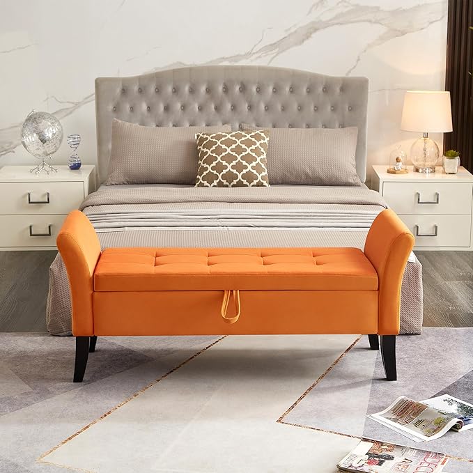 Furniliving 51 Inch Storage Bench for Living Room, Upholstered Bench Ottoman with Velvet Fabric, Modern Entryway Bench with Woodern Legs for Bedroom, Living Room, Shoe Storage & Seating, Orange-Ruum Studio Home