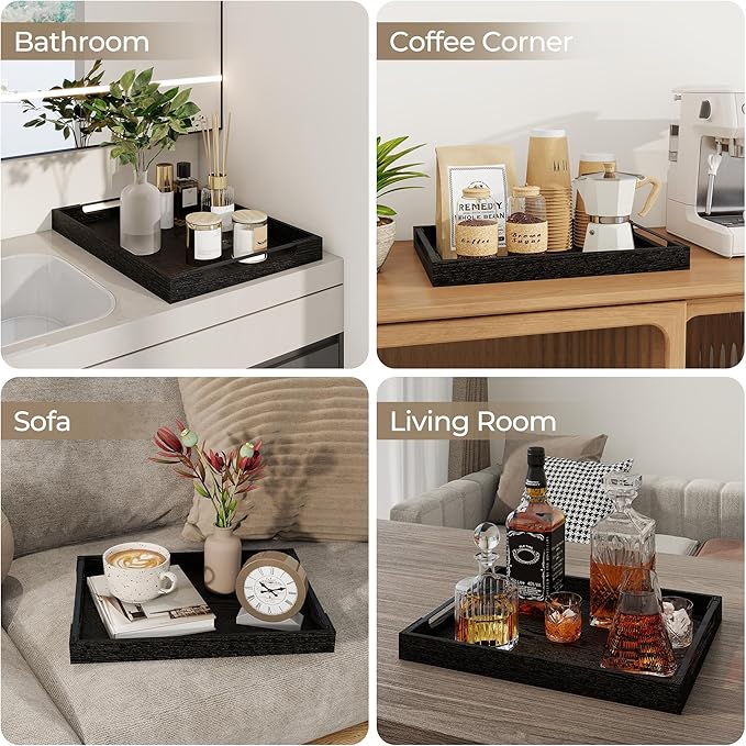 Axeman Wooden Serving Tray with Metal Handles|Ottoman Tray for Breakfast, Bed, Couch|17x13in Ash Wood Coffee Table Trays|Food Drinks Decorative Storage Boards for Ottoman Kitchen, Black-Ruum Studio Home