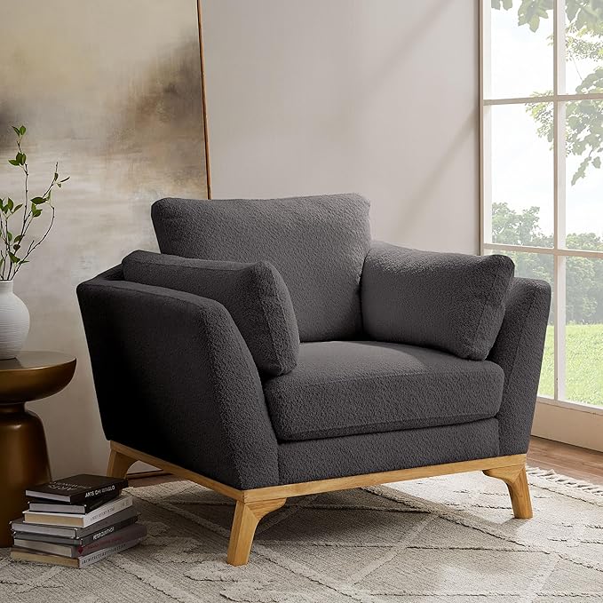 Large-Sized Accent Chair, Thick Cushion Bedroom Reading Chair, Comfortable Living Room Single Sofa， Boucle Dark Gray-Ruum Studio Home