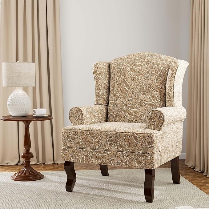 Accent Chair, High Back Upholstered Armchair with High Resilience Sponge & Wood Legs, Mid-Century Modern Comfy Single Sofa Reading Chairs for Living Room, Bedroom (Floral Light Brown, Set of 1)-Ruum Studio Home