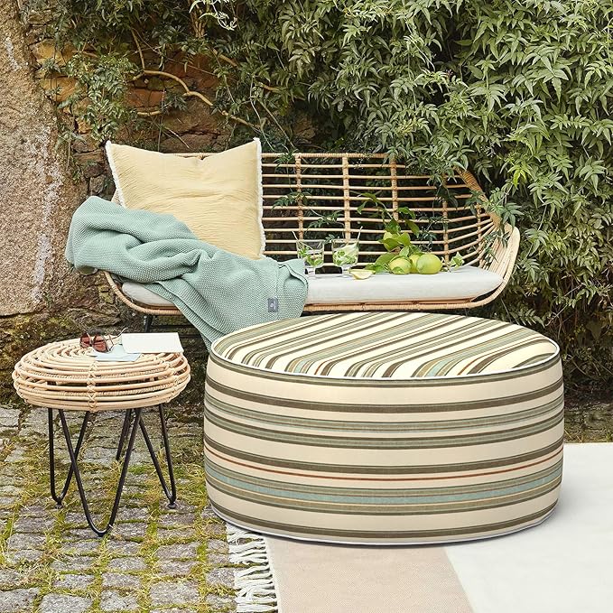 LVTXIII Outdoor Inflatable Ottoman, Fade-Resistant Round Footrest Stool D31”x H14”, Portable Patio Pouf for Garden Camping or Home Use, Stripe Onyx-Ruum Studio Home
