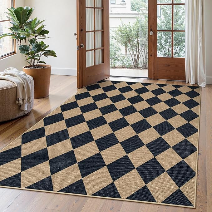 Lahome Checkered Easy Jute 5x7 Area Rugs, Washable Outdoor Patio Rug for Living Room Diamond Indoor Outdoor Carpet, Farmhouse Geometric Non Slip Black Carpet for Backyard Dining Room-Ruum Studio Home