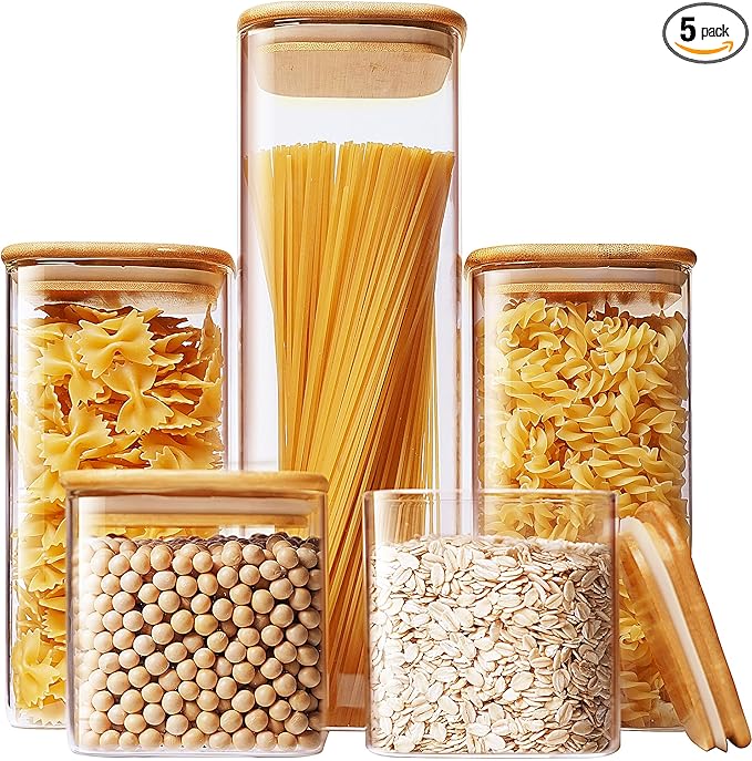 Square Glass Jars with Bamboo Lids [Muti Size Set of 5], Glass Canisters with Airtight Lids, Glass Food Storage Containers for Pasta, Cereal, Flour, Sugar, Best for Kitchen & Pantry-Ruum Studio Home