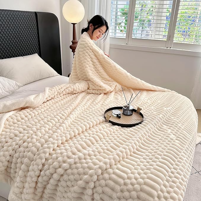 UKELER Sherpa Bed Blankets 80 × 90 inch, Ultra Soft Queen Size Throw Blanket for All Season, 470 GSM Cozy Plush Striped Fleece Blanket for Bedroom Living Room Dorm Hostel Sofa Camping, Off White-Ruum Studio Home