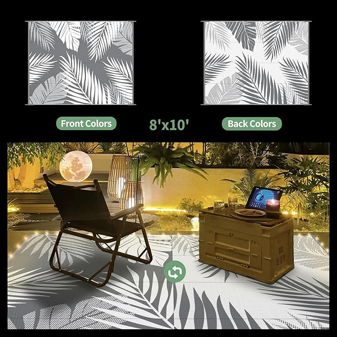 GENIMO Outdoor Rug 8' x 10' Waterproof for Patios Clearance, Reversible Outdoor Plastic Straw Camping Rug Carpet with LED String Light, Area Rugs Mats for RV, Camper, Deck, Balcony, Porch, Grey&White-Ruum Studio Home