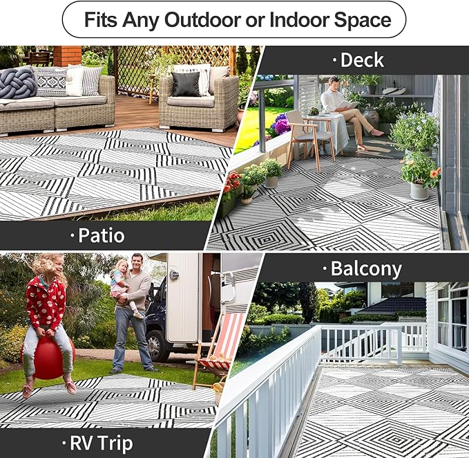 Waterproof Outdoor Rug 8x10ft, Foldable Reversible Plastic Straw Mat for Patio RV Deck Porch Backyard Balcony Camping Picnic Beach Indoor Outdoor Carpet, Black&White-Ruum Studio Home