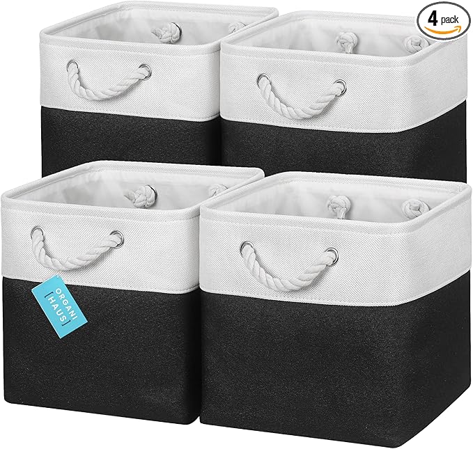 OrganiHaus 11x11 Cube Storage Bins 4 Pack, Foldable Cube Storage Organizer w/ Rope Handles, Collapsible Fabric Bins for Toys, Clothes & Closet Organization, Fabric Square Baskets - Black/White-Ruum Studio Home