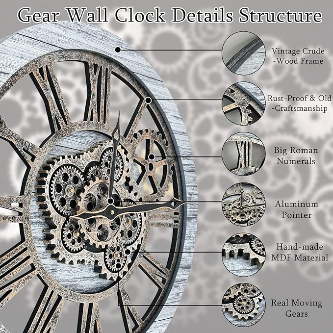 HOIBAI Wall Clock, Clocks for Living Room Decor 20 Inch Big Moving Gears Clock Farmhouse Vintage Rustic Wall Clock for Home Bedroom House Kitchen Wall Decor-Ruum Studio Home