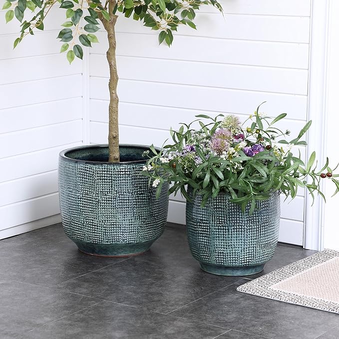 LuxenHome 15.5" Dia Large Ceramic Pots for Plants, Modern Green Glazed Planters for Outdoor Plants, Round Indoor Flower Pots with Drainage Hole and Rubber Plug for Home Garden Patio-Ruum Studio Home