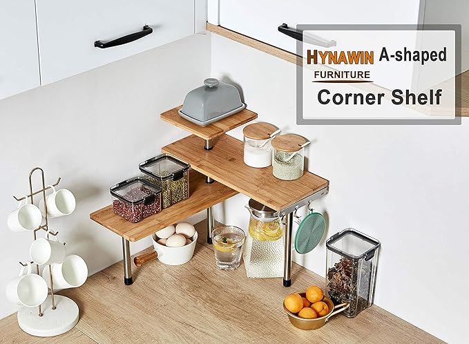 HYNAWIN Corner Shelf, 3 Tier Bamboo & Metal Storage Spice Rack-Desk, Space Saving Bookshelf with Hooks, Adjustable Display Shelf for Creative Home Décor Kitchen, Bedroom, Office (21CO)-Ruum Studio Home