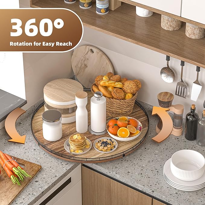 Acacia Wood 24" Lazy Susan Turntable Organizer for Table Top, Farmhouse Extra Large Round Lazy Susan for Serving Kitchen Countertop Cabinet for Charcuterie Centerpiece, Bathroom Vanity Tray Decor-Ruum Studio Home