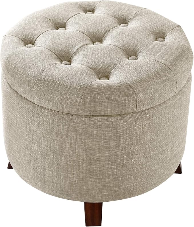 Amazon Basics Round Linen Ottoman with Storage, Tufted Upholstered Footstool for Living Room and Bedroom, 20" x 17", Linen Burlap Beige-Ruum Studio Home