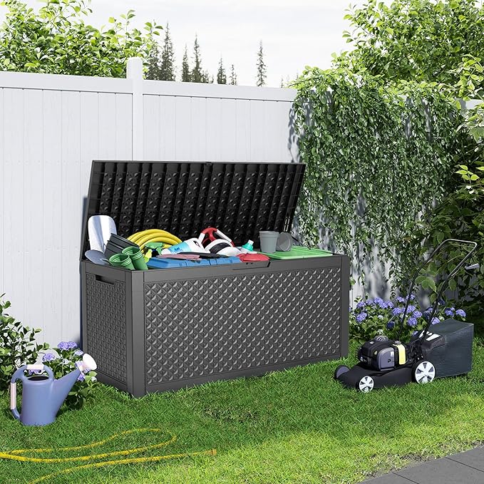 100 Gallon Resin Deck Box, Lockable Patio Outdoor Storage Box for Furniture, Garden Tools and Tools Storage, Waterproof Outside Storage Boxes - Patterned black-Ruum Studio Home