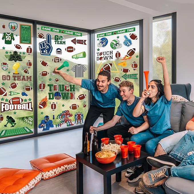 Football Window Clings, Football Party Decorations, Touch Down Party Window Stickers, Green Brown Themed Stickers Decal Gel for Touchdown Party Decor Accessories Set-Ruum Studio Home