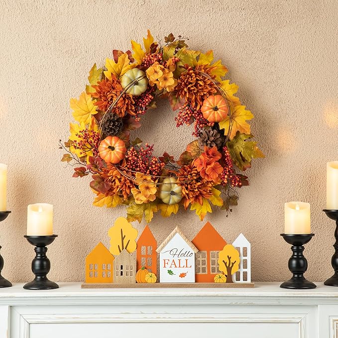 Glitzhome 24 inch Artificial Fall Wreath Decor, Autumn Maple Leaf Wreath for Front Door with Dahlia Pumpkin, Leaf and Berry Wreaths for Autumn Harvest Thanksgiving Halloween Decor-Ruum Studio Home