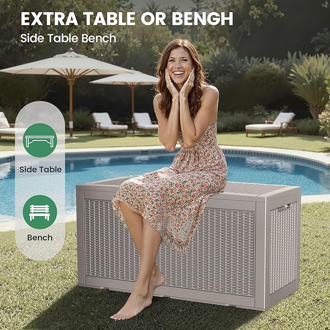 100 Gallon Storage Box, Waterproof Resin Deck Box with Hydraulic Piston Design, Lockable Storage Bench for Package Delivery, Storage Bin for Patio Cushions, Garden Tools, Grey-Ruum Studio Home