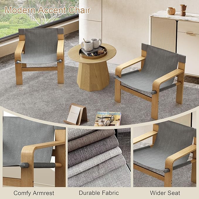 Mid-Century Accent Chair with Wide Armrest & Solid Wood Frame, Detachable and Washable Armchair, Modern Living Room Reading Chairs for Bedroom Sunroom Bedroom Balcony,Light Grey-Ruum Studio Home