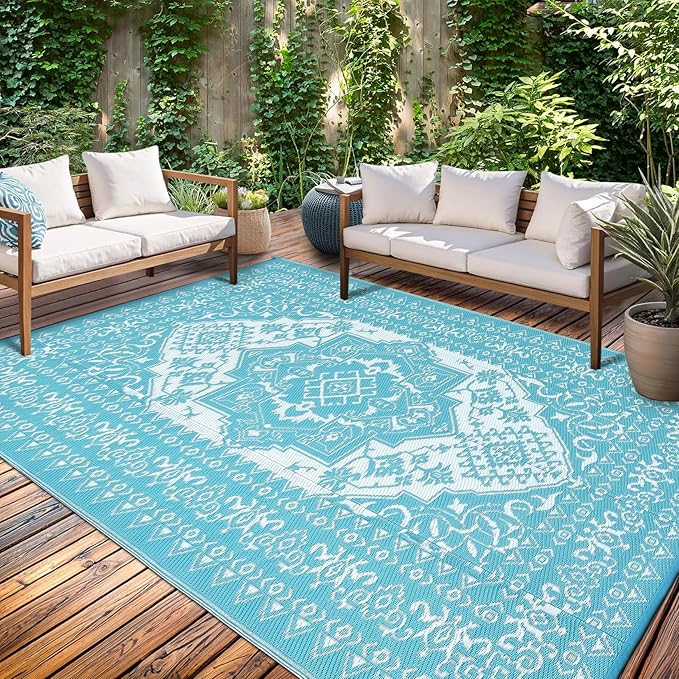 GAOMON Outdoor Rugs 8x10 Waterproof Reversible Outdoor Plastic Straw Rug, Large Patio Rugs UV-Resistant Portable RV Camping Mats, Vintage Boho Carpet for Deck Porch Garden, Light Blue & White-Ruum Studio Home