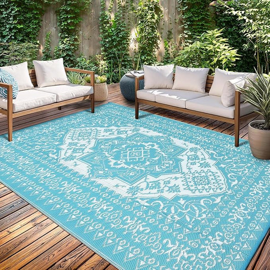 GAOMON Outdoor Rugs 8x10 Waterproof Reversible Outdoor Plastic Straw Rug, Large Patio Rugs UV-Resistant Portable RV Camping Mats, Vintage Boho Carpet for Deck Porch Garden, Light Blue & White-Ruum Studio Home