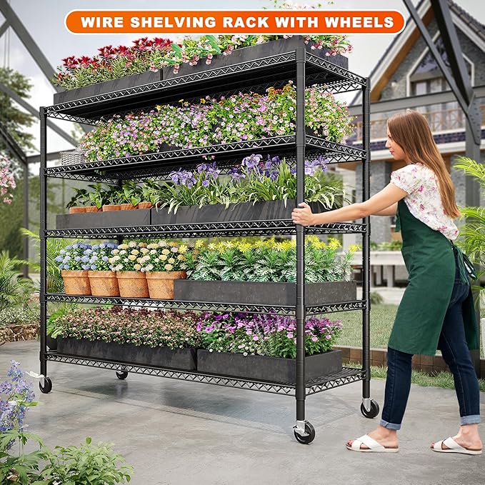 REIBII 85.7" H Storage Shelves 2998LBS Metal Shelving Unit with Wheels & Feet, 5 Tier Garage Shelving Heavy Duty Adjustable Wire Shelf for Pantry Kitchen Garage, 85.7" H X 55.5" W X 24.2" D, 2PCS-Ruum Studio Home