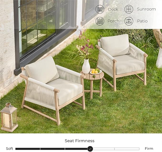CHITA 3 Pieces Boho Patio Rattan Bistro Set, Outdoor Wicker Chairs & Side Table Set with Acacia Wood Frame(Cream)-Ruum Studio Home