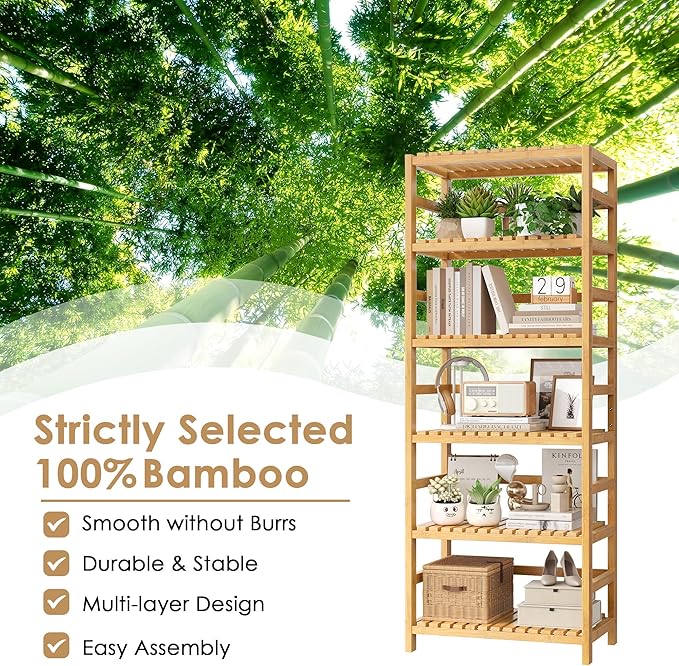 FOTOSOK 6-Tier Bamboo Shelf Set of 2, Bamboo Bookcase with Adjustable Shelves, Free Standing Storage Shelf Unit and Plant Flower Stand, Tall Large Bookshelf for Kitchen, Bathroom, Home Office, Natural-Ruum Studio Home