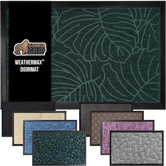 GORILLA GRIP 100% Waterproof All-Season WeatherMax Doormat, 34x58, US Designed Natural Rubber, Stain and Fade Resistant, Low Profile Indoor Outdoor Door Mats, Easy Clean Patio Mat, Green Palm-Ruum Studio Home