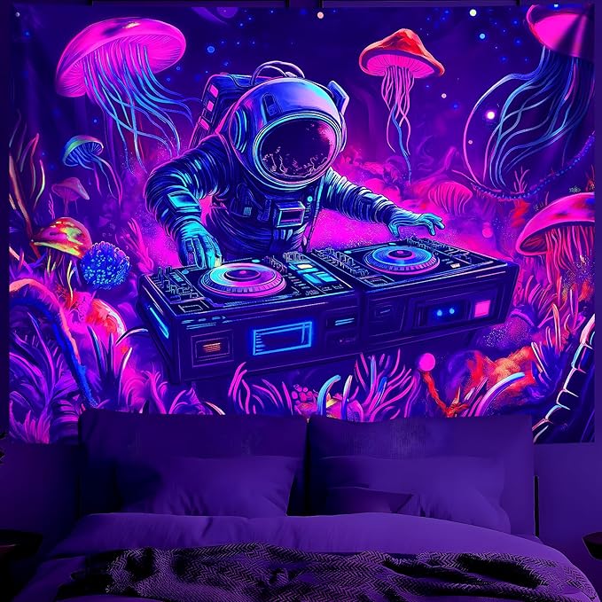 BVBOX Astronaut Space Blacklight Tapestry 79"x59", UV Reactive DJ Astronaut Jellyfish Universe Galaxy Planet Glow in Dark Music Tapestries, Black Light Neon Upright Poster Wall Hanging Backdrop Decor for Bedroom Living Room-Ruum Studio Home