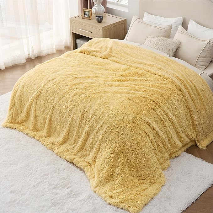 Bedsure GentleSoft Fluffy Yellow Blankets Queen Size for Bed, Thick Sherpa Faux Fur Fleece Fuzzy Plush Winter Warm Heavy Soft Full Queen Blankets, Bedroom Decor Yellow Cozy Gifts for Women Men, 90x90-Ruum Studio Home