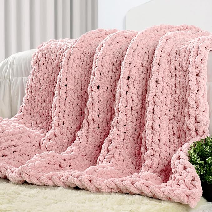 Carriediosa Chunky Knit Throw Blanket 50" X 60", 100% Hand Made Large Chenille Loop Yarn Soft Fluffy Throws for Couch Sofa Bed, Big Crochet Cozy Heavy Thick Cable Woven Blankets, Dusty Pink-Ruum Studio Home