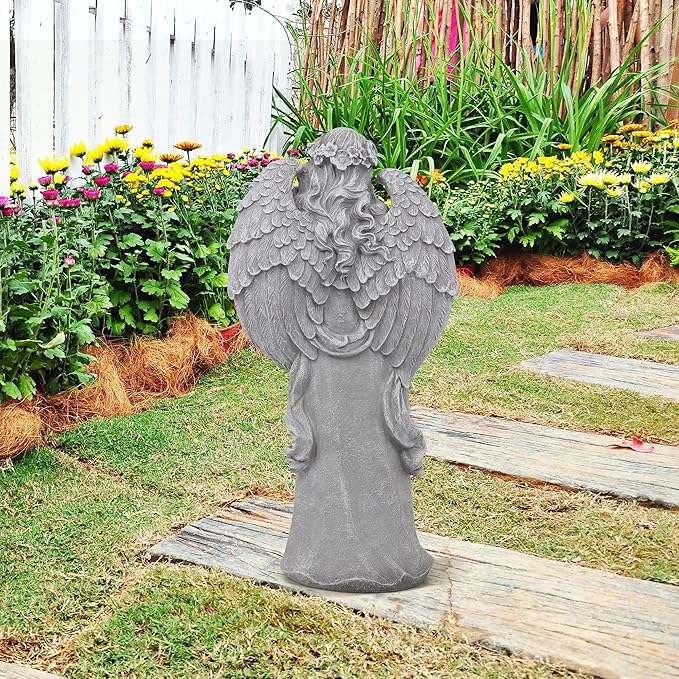 Outdoor Statues Angel Décor Garden Statue- 23.5" H Angel Statue,Resin Angel with Bird Figurine, Ideal for Yard, Patio, Deck, Home Entryway, and Hallway（Grey）-Ruum Studio Home
