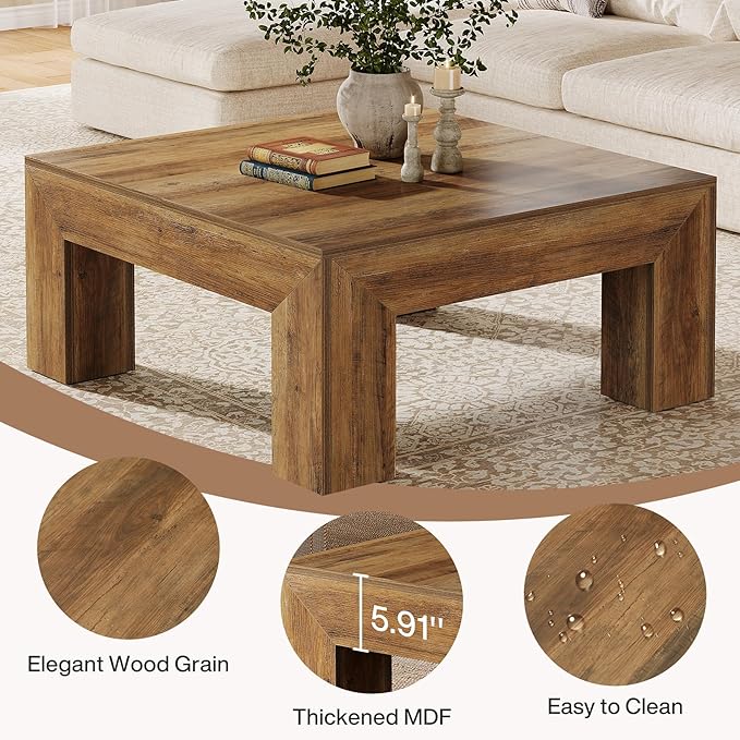 Tribesigns 39.4-Inch Square Coffee Table for Living Room, Farmhouse All MDF Accent Center Cocktail Table with Sturdy Wooden Legs, Easy Assembly, Rustic Brown-Ruum Studio Home