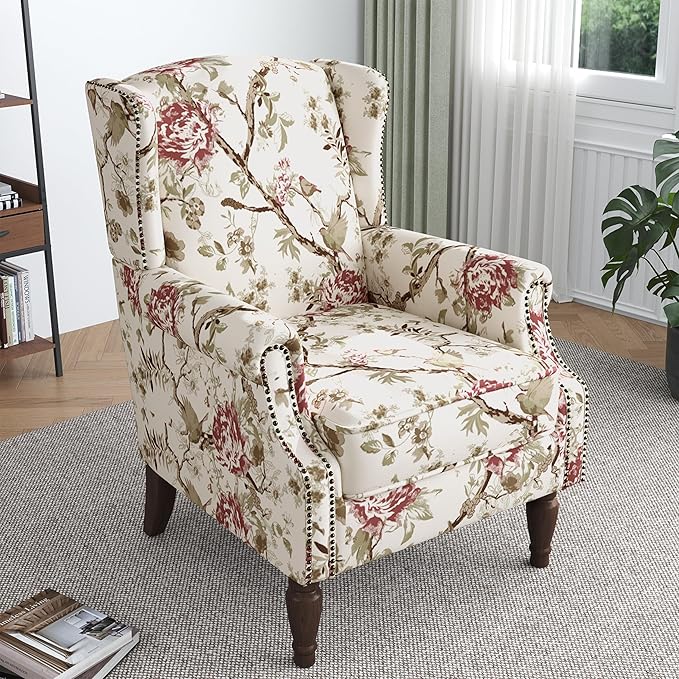 Lumibee Wingback Accent Chair,High Back Floral Armchairs in Fabric,Comfy Upholstered Reading Single Sofa Chair with Solid Wood Legs for Living Room,Bedroom,Office-Floral Beige-Ruum Studio Home