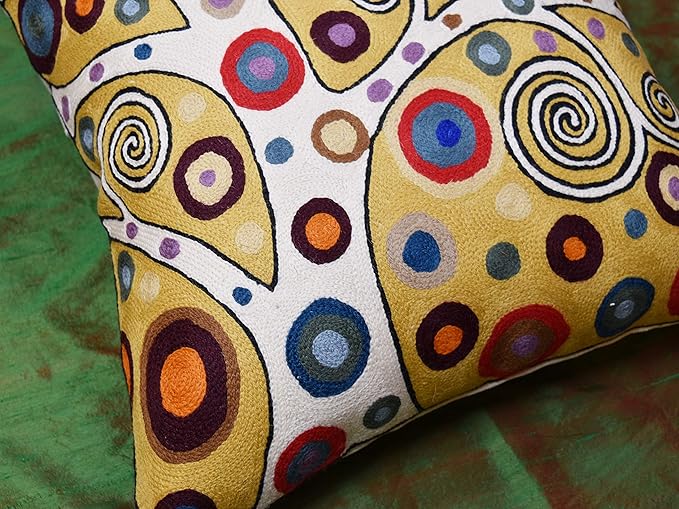 Decorative Pillow Cover Tree of Life Yellow Gold Pillows Botanical Yellows Throw Pillowcase for Couch | Mid Century Pillows for Sofa | Hand Embroidered Cushions Wool 18x18-Ruum Studio Home