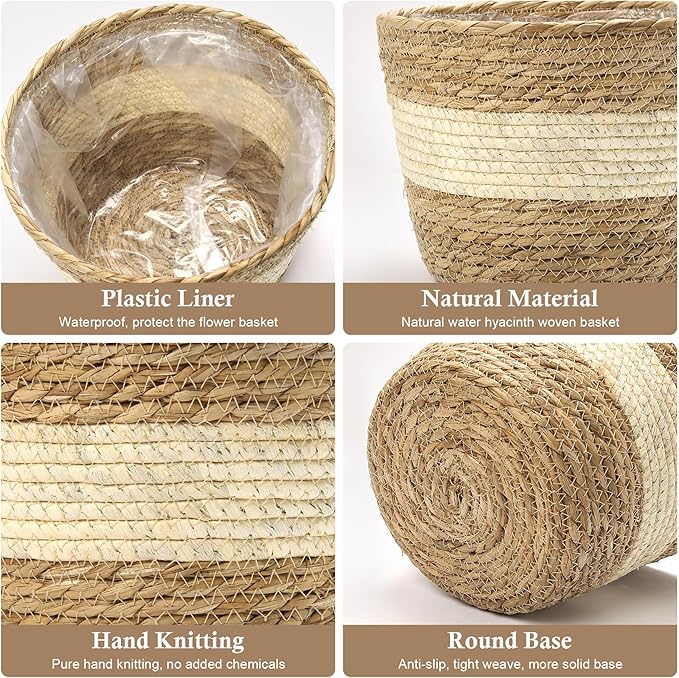 Athaliah Plant Basket, 3 PCS Plant Baskets Indoor with Plastic Liner, Water Hyacinth and Corn Stalk Woven Planters Flower Basket, Planter Basket for Rustic Home Floor Potted Pots Decor-Ruum Studio Home