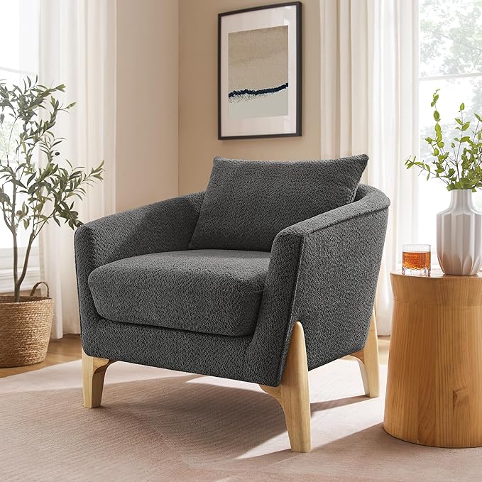 Accent Chair 31" Oversized Reading Chair Comfy Upholstered Boucle Lounge Armchair, Modern Living Room Chair with Back Pillow,Single Sofa Chair for Bedroom, Office (Grey)-Ruum Studio Home