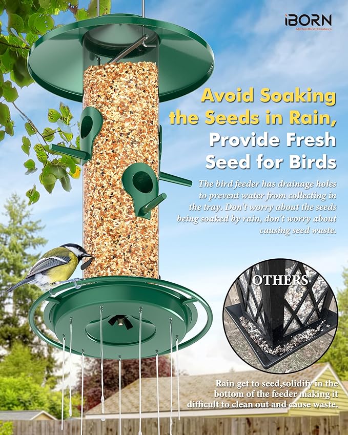 iBorn Bird Feeders for Outdoors, 2LB Metal Bird Feeders 17cm Large Roof &Tray, 4 Feeding Ports, Green Finish-Ruum Studio Home
