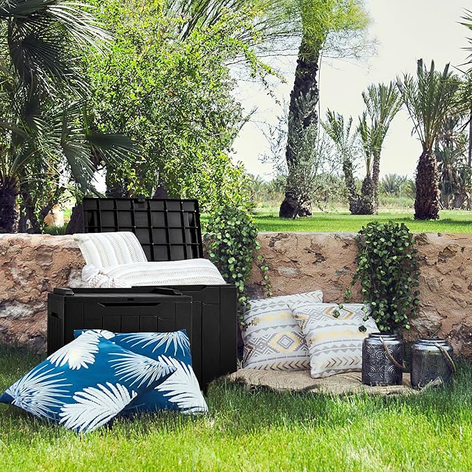 JUMMICO 31 Gallon Resin Deck Box Waterproof Indoor Outdoor Storage Boxes for Patio Furniture Cushions and Garden Tools (Black)-Ruum Studio Home