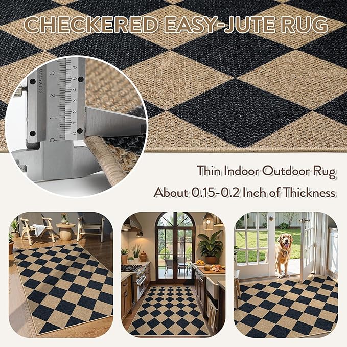 Lahome Checkered Easy Jute 3x5 Outdoor Patio Rug, Washable Rugs for Entryway Diamond Indoor Outdoor Living Room Carpet, Farmhouse Neutral Non Slip Black Door Carpet for Backyard Bedroom-Ruum Studio Home