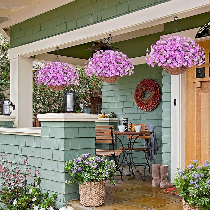 Artificial Faux Hanging Plants Flowers Basket for Outdoor Outside Spring Summer Decoration, Silk Purple Morning Glory in Planter UV Resistant Look Real Fake Flowers for Porch Patio Balcony Home Yard-Ruum Studio Home