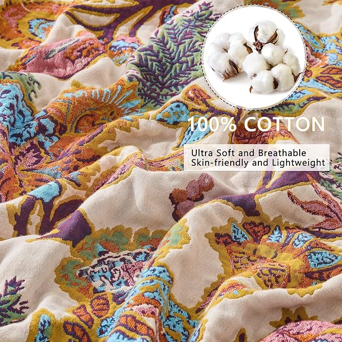 100% Cotton Summer Boho Throw Blanket, King Size Living Room Reversible Blanket, Boho Floral Bird Colorful Retro Quilt Ultra Soft Reversible Gauze Blanket for All Season, 90"x98"-Ruum Studio Home