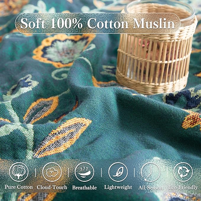 Boho Throw Blanket Twin Size, Soft Cozy Cotton Muslin Quilt Blanket for Bed Decor, Floral Patterned Couch Sofa Chair Cover, Vintage Farmhouse Cottage Tapestry Woven Blanket, Green&Beige-Ruum Studio Home