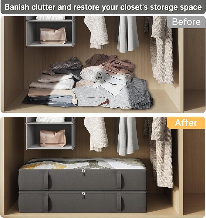 2-Pack Under Bed Storage Containers, 8 Inches Tall Underbed Clothes Storage Organizer Bin with Sturdy Sidewalls/Bottom, Under the Bed Storage Bags 2 Storage Bins, Black-Ruum Studio Home